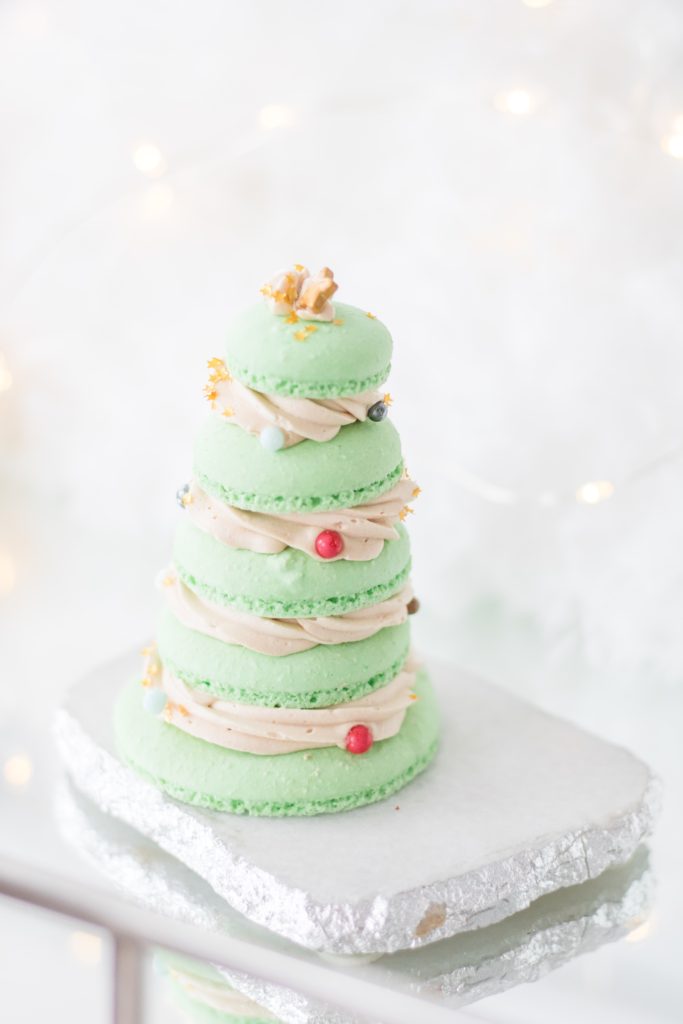 Christmas tree Macaron, Macaron Christmas tree with star sprinkles, Christmas-themed macarons, Christmas-themed desserts part of Christmas Dessert Bar Cart