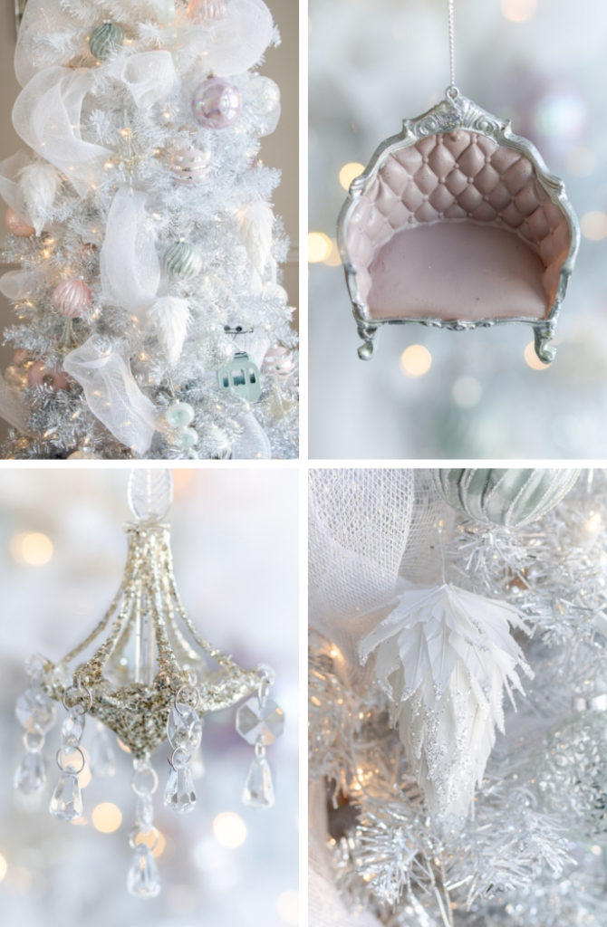 Pastel Christmas ornaments: chandelier Christmas ornament, pink vintage couch Christmas ornament, white feather Christmas ornament, blue and blush pastel Christmas decor
