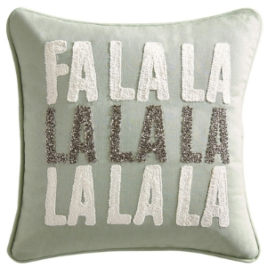Fa La La Christmas Pillow, 60 cute Christmas pillows, 60 cute holiday pillows, Green and silver sequinned fa la la la la pillow