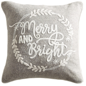 Merry and bright white and gray Christmas pillow, cursive Christmas pillow, Merry and Bright Christmas pillow, 60 cute Christmas pillows, 60 cute holiday pillows, cute Christmas cushions