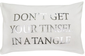 White and silver Don't Get your Tinsel in a Tangle pillow, white and silver Don't get your tinsel in a tangle cushion, 60 cute Christmas pillows, 60 cute holiday pillows, cute Christmas cushions