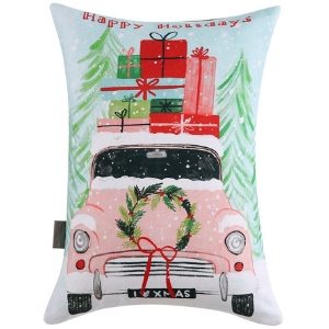 Watercolor red car happy holidays pillow, 60 cute Christmas pillows, 60 cute holiday pillows, cute Christmas cushions