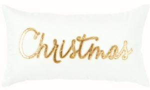 White and gold cursive Christmas pillow, white and gold cursive Christmas toss cushion, 60 cute Christmas pillows, 60 cute holiday pillows, cute Christmas cushions