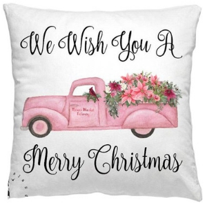 We Wish You A Merry Christmas pink truck watercolor pillow, Pink truck Christmas pillow, Christmas pillow with flowers, 60 cute Christmas pillows, 60 cute holiday pillows