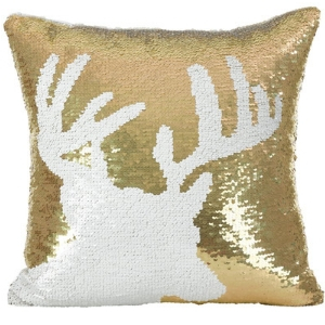 Gold sequin reindeer pillow, gold sparkle reindeer pillow, gold sequin Christmas pillow, gold sparkle Christmas pillow, 60 cute Christmas pillows, 60 cute holiday pillows, cute Christmas cushions