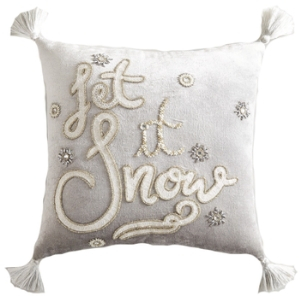 Silver Let it Snow tassel Christmas pillow, silver let it snow holiday pillow, snowy Christmas pillow, 60 cute Christmas pillows, 60 cute holiday pillows, cute Christmas cushions