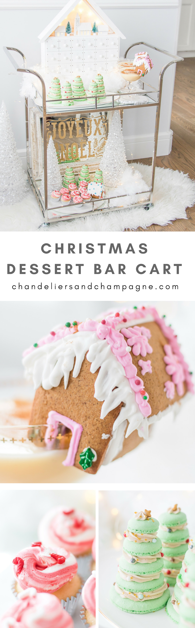 Christmas Dessert Bar Cart styling ideas with eggnog cocktails and gingerbread glass toppers, macaron Christmas trees, Christmas entertain bar cart styling for the holidays 