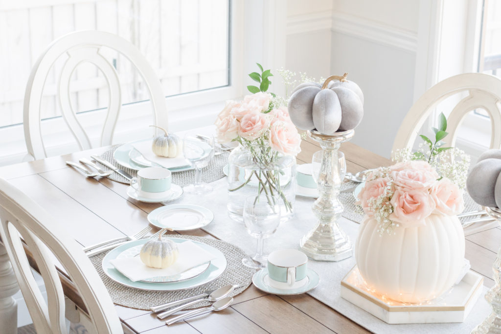 Gray velvet pumpkin and pink rose fall tablescape with aqua dinnerware - Fall tablescape ideas with velvet pumpkins - Fall table setting ideas with velvet pumpkins - Thanksgiving table setting ideas with velvet pumpkins 