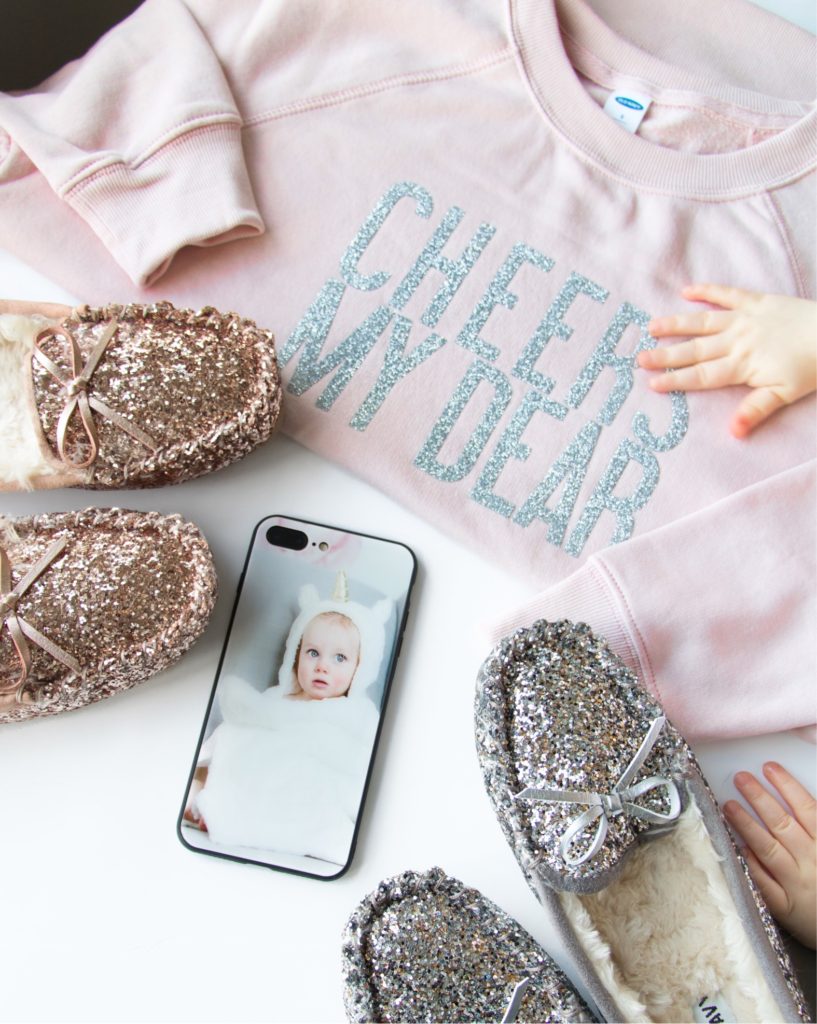 Feminine Cozy Christmas Loungewear: Old Navy glitter sherpa-lined moccasin slippers and pink Cheers my dear glitter sweatshirt
