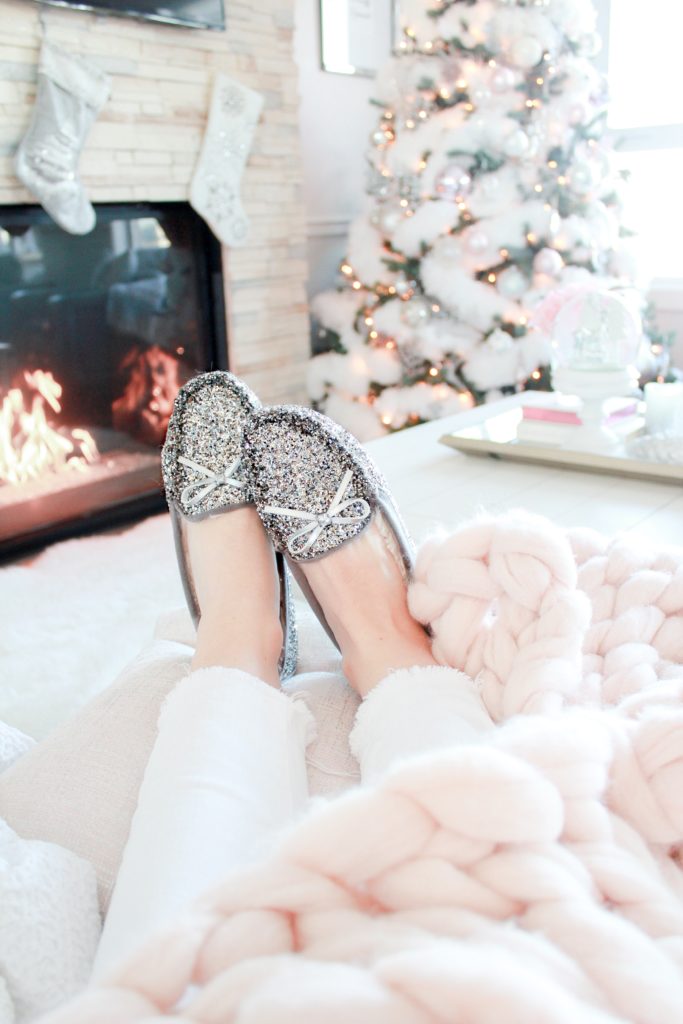 Silver glitter cozy Christmas moccasins, silver glitter slippers from Old Navy, Old Navy glitter sherpa-line moccasin slippers for women, Feminine Cozy Christmas Loungewear