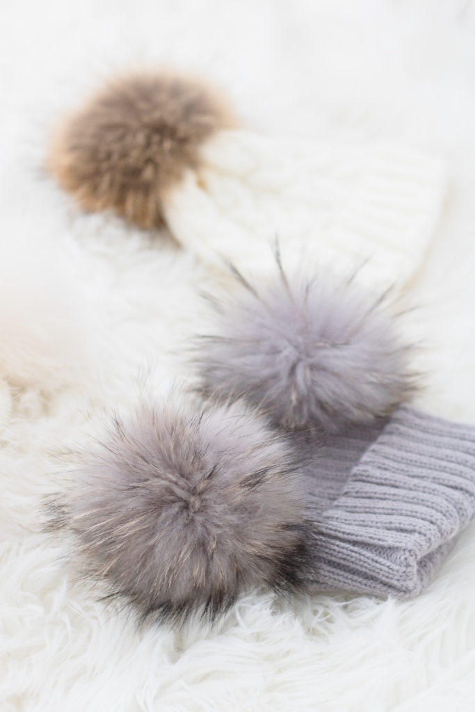 Double pompom fur hats, cozy Christmas leisurewear, fur double pompom toques, fur double pompom beanies