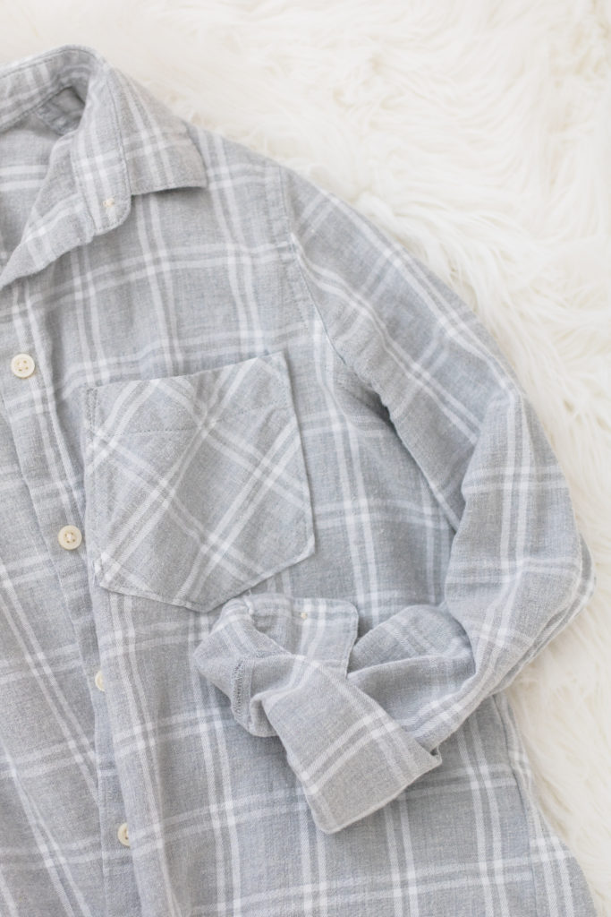 Feminine Cozy Christmas Loungewear: soft Old Navy gray and white flannel plaid relaxed shirt for women