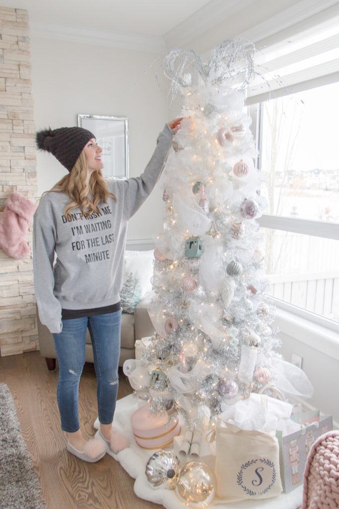 White and silver ombre Christmas tree with pastel pink blue and silver decorations; home decor Christmas blogger