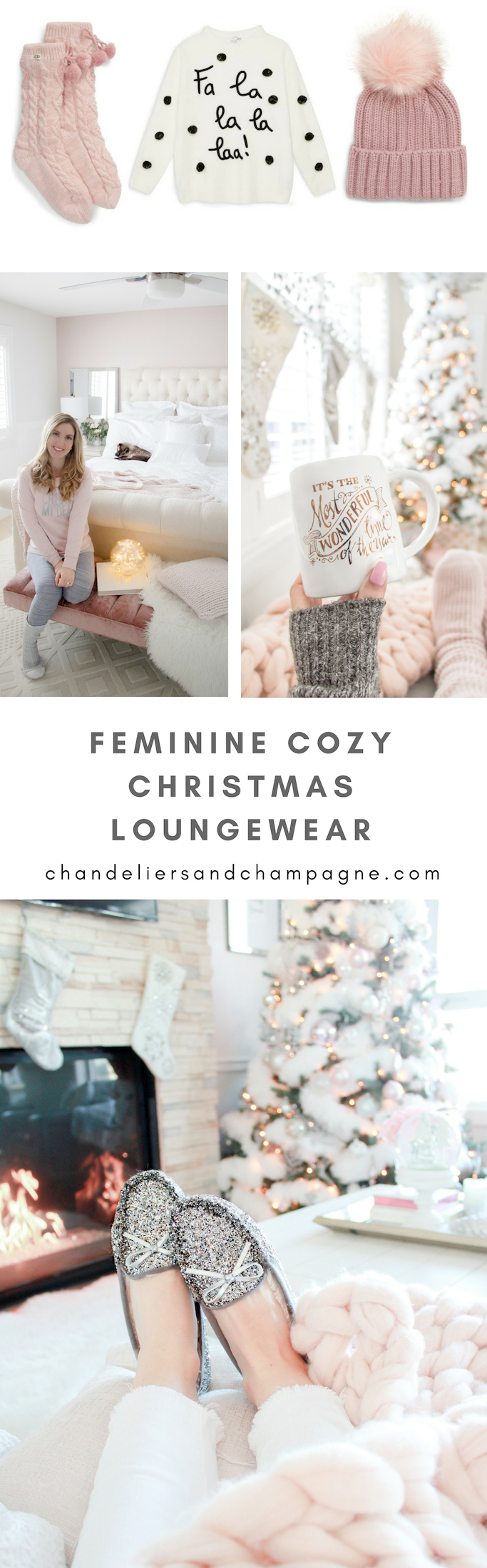 Feminine Cozy Christmas Loungewear, pink loungewear, glitter slippers, pompom slippers, pink cozy Christmas pyjamas, glamorous and feminine loungewear