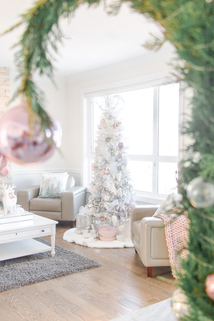 Grinch tree framing White ombre Christmas tree and blue and pink pastel Christmas decor, white and pink Christmas decorating ideas