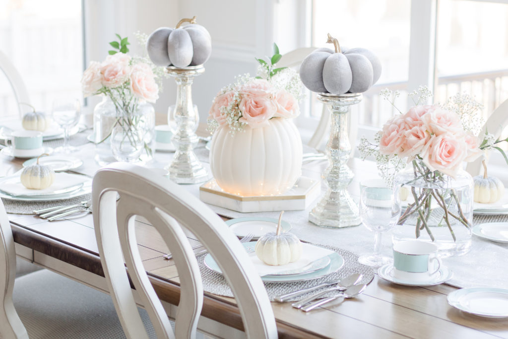 Blush and aqua fall tablescape with Gluckstein Home by Lenox bone china dinnerware, pumpkin centerpiece and pink roses - Blush pink and aqua fall tablescape fall table setting Thanksgiving table