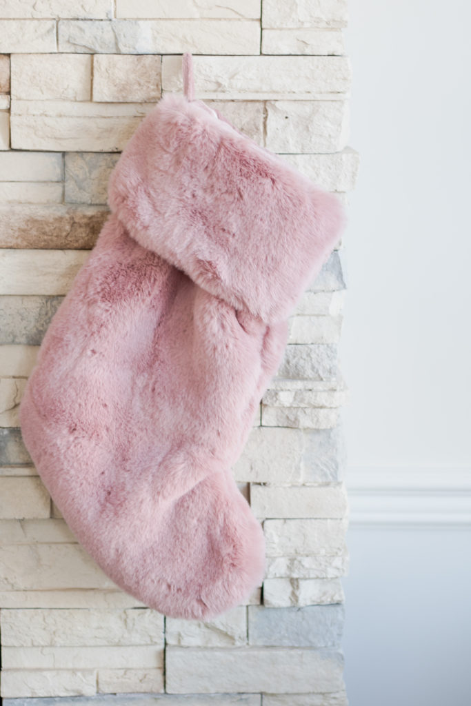 Fuzzy blush pink fur Christmas stockings, pink Christmas decor, feminine Christmas decor, glamorous Christmas decor