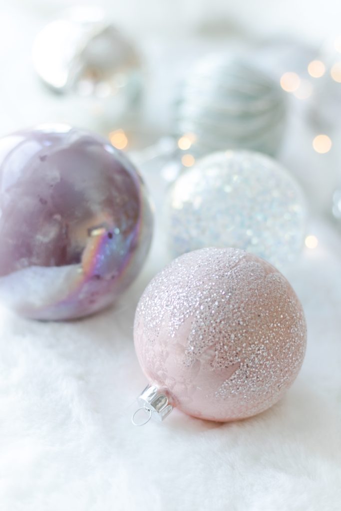 Pastel tone Christmas ornaments in pinks, whites and blues, Urban Barn Christmas ornaments