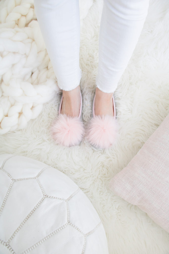 Cozy Christmas loungewear, pink and gray pom pom slippers, cozy pink slippers, cozy pompom slippers for women