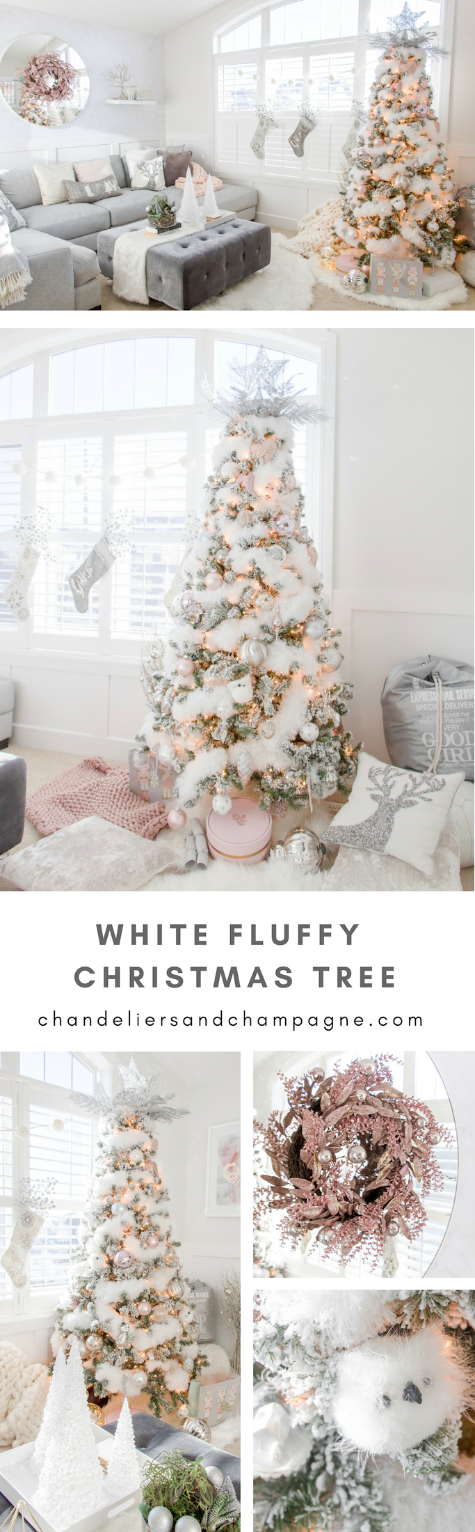 White feathered fluffy Christmas tree with pastel ornaments and light and bright living room Christmas decor - King of Christmas Prince Flock Tree