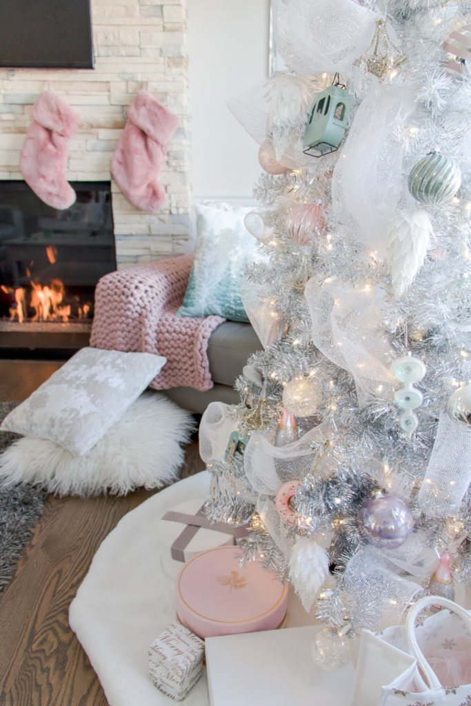 Silver Christmas tree with white fur tree skirt and pink fur stockings - pink, white and silver Christmas decor - Feminine Christmas decor