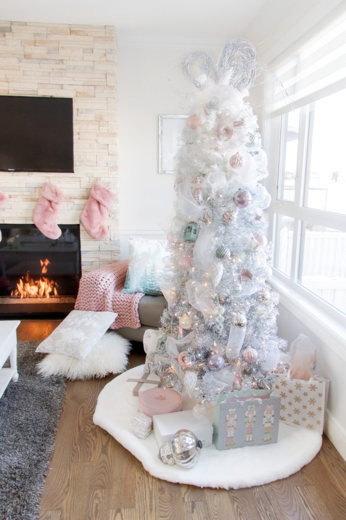 Ombre silver and white Christmas tree with pastel pink decorations - feminine Christmas decorating ideas 