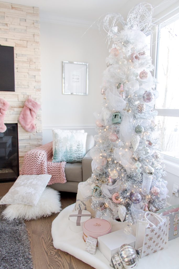 White Christmas tree with pastel pink ornaments and tulle - white Christmas tree decorating ideas