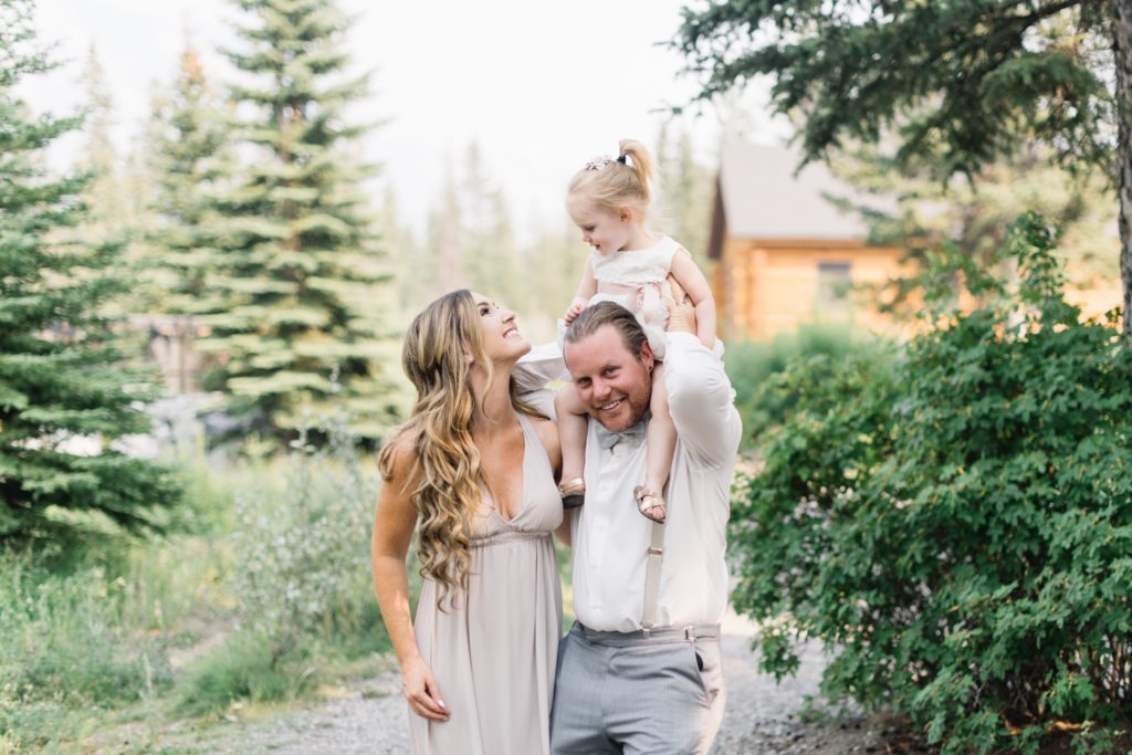 Bridesmaid, groomsmen and flower girl at Rocky Mountain wedding in Canmore, Alberta