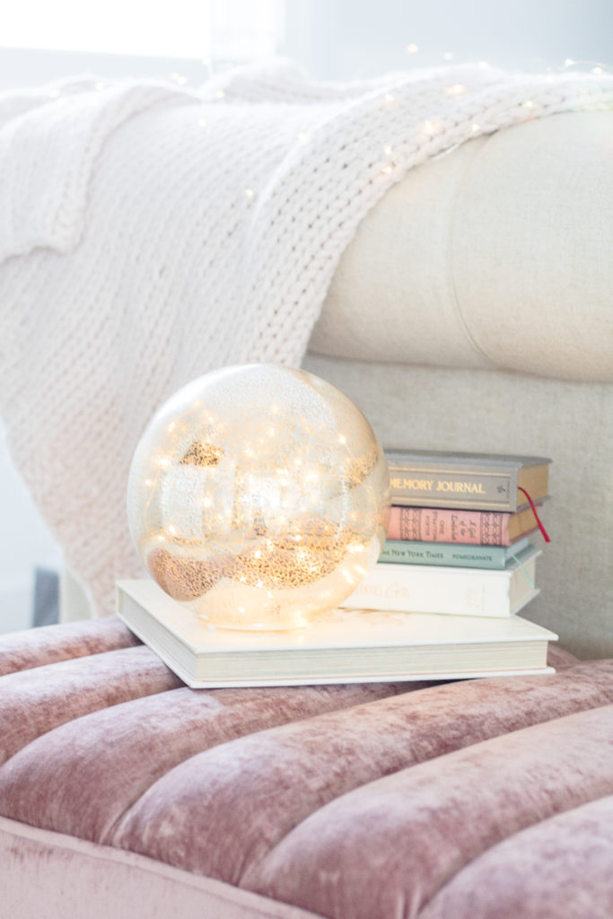 Mercury glass lit orb adds ambience to my luxurious master bedroom - bedroom lighting