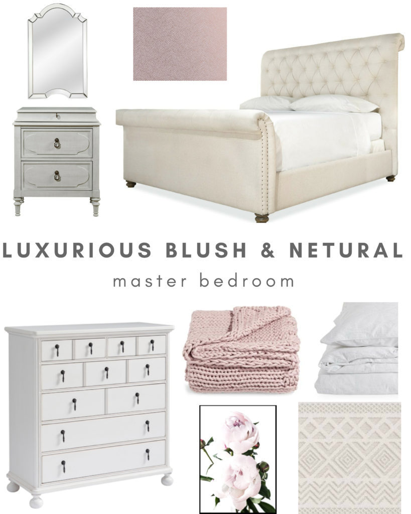 Luxurious master bedroom with neutral and blush details including a tufted sleigh bed, white dresser and pink wallpaper