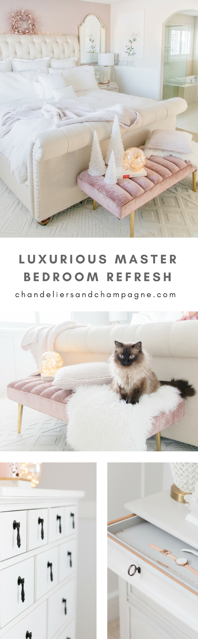 Luxurious master bedroom refresh: pink and white feminine, glamorous master bedroom with pink and velvet details