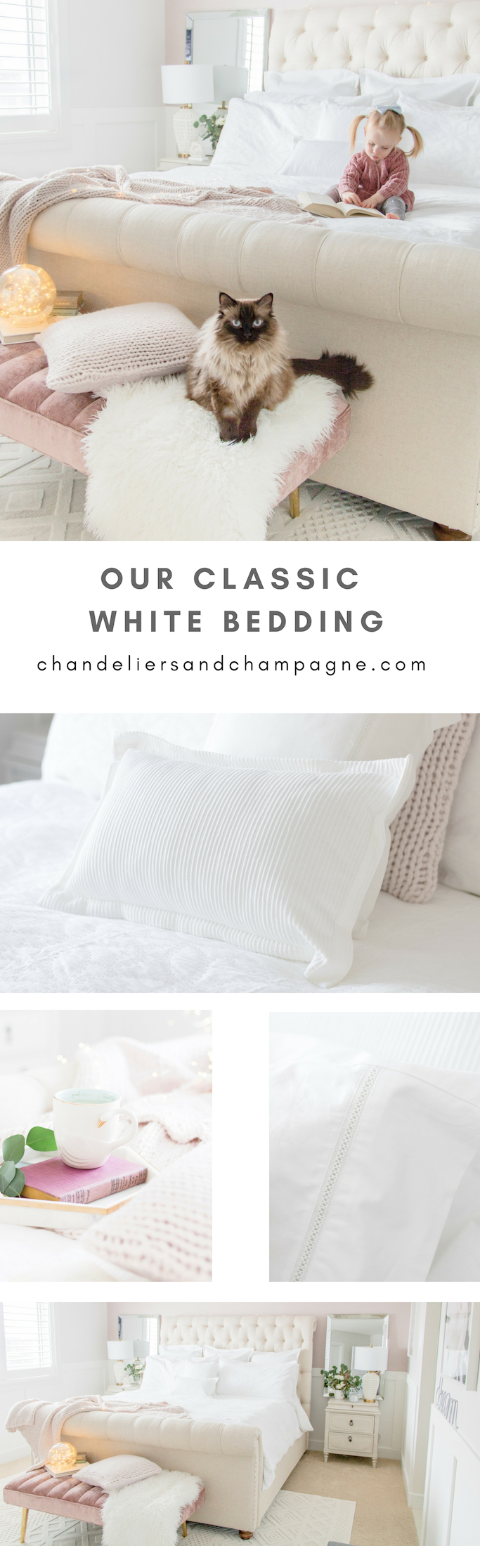 Classic white bedding adds a crisp, fresh look to our newly designed bedroom decorated in whites, neutrals and blush pink. Neutral bedroom design ideas.
