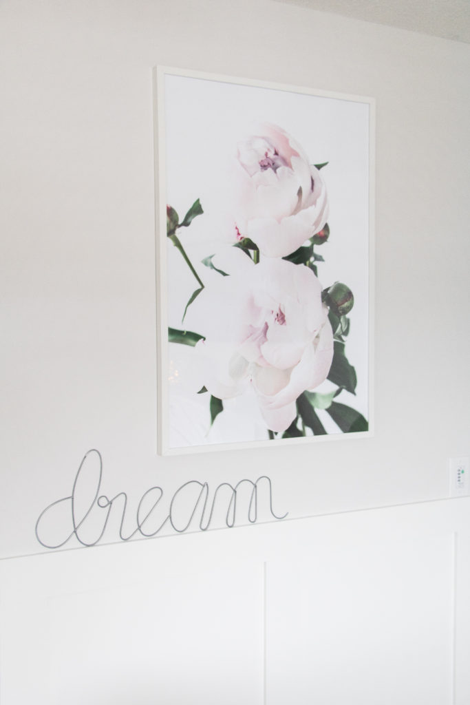 Pink peony artwork and dream cursive sign in my luxurious master bedroom refresh