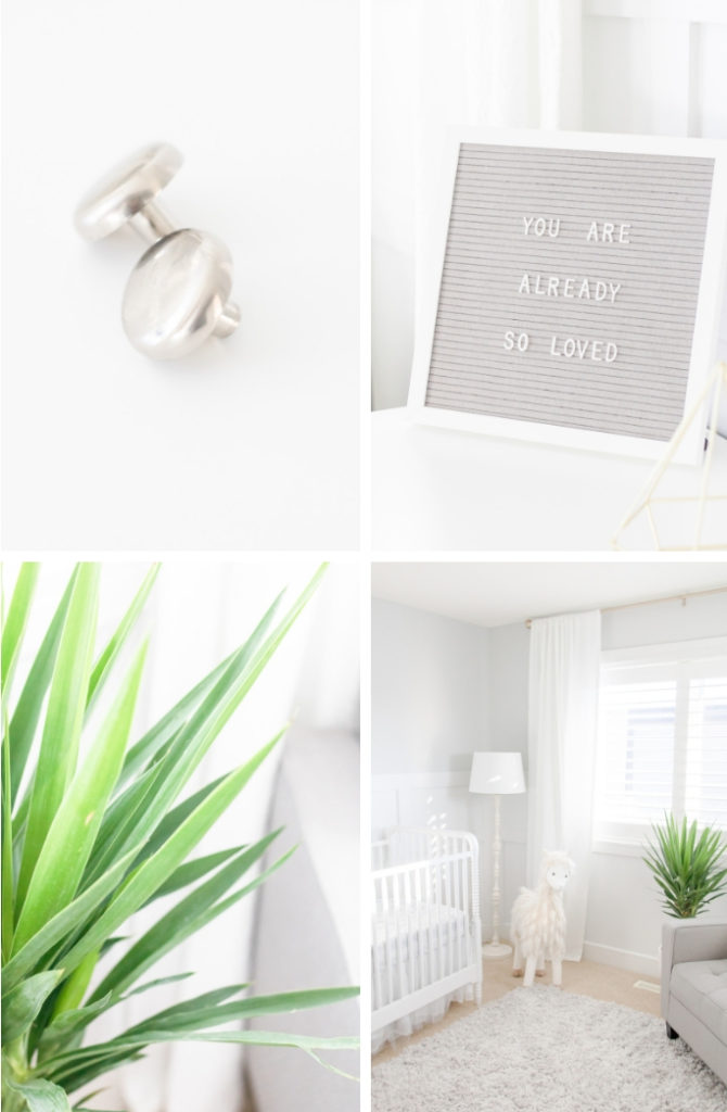 White and grey gender-neutral nursery with gold decorative accents and palm tree 