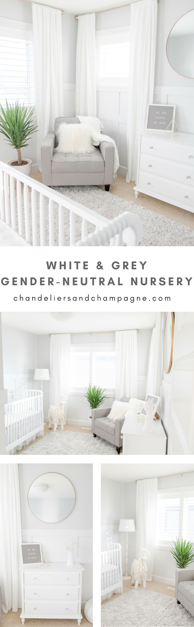 White and grey gender-neutral nursery inspiration - white and gray gender-neutral nursery with gold tone accents, white drapes, white crib and gray feeding chair