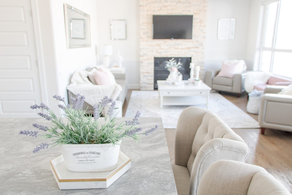 Open plan kitchen to living room with lilacs on the gray and white counters: Pastel Living Room Decor 