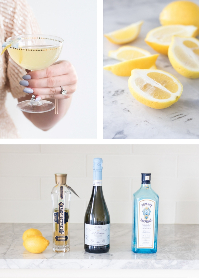 The ingredients used for making a Elderflower French 75 include fresh-squeezed lemons, gin, elderflower liqueur and prosecco