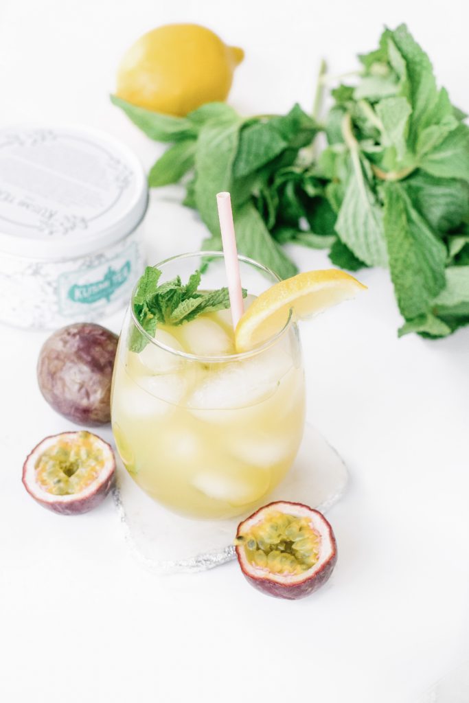 Passion Fruit White Tea Cocktail with fresh mint, passion fruit and lemon juice