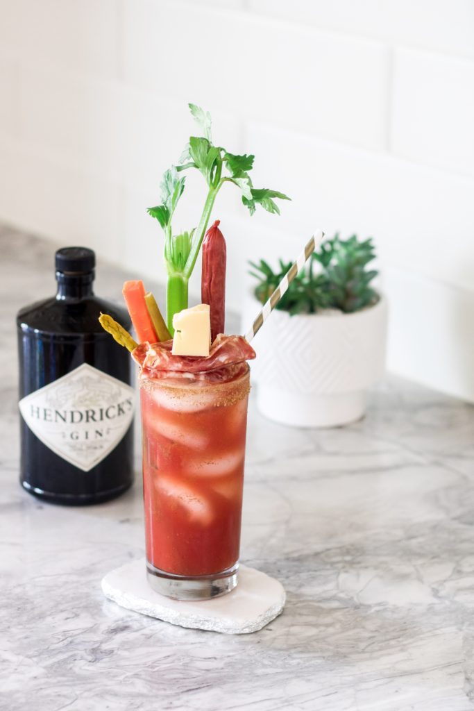 Caesar with fun toppings pictured with Hendricks Gin and succulent plant