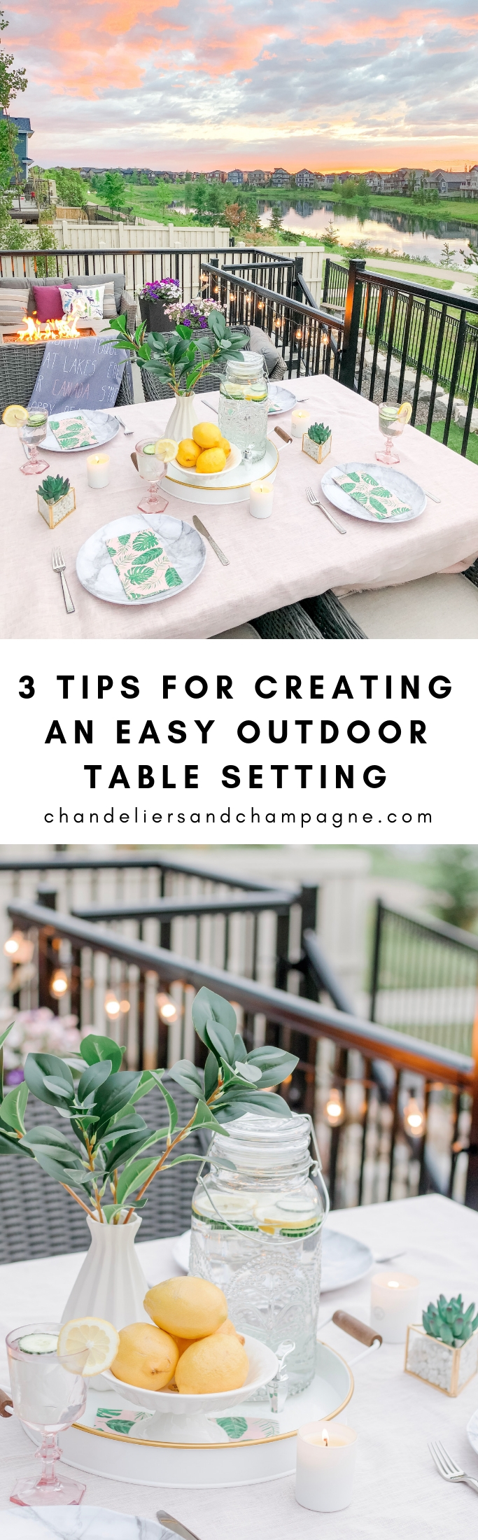 3 tips for creating an easy outdoor table setting: how to add evening ambience to your outdoor space - view of a twilight tablescape with a view of a sunset going down over a lake