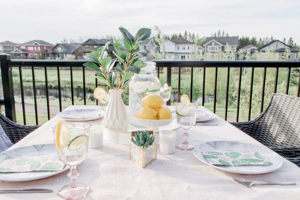 Outdoor tablescape featuring pink, lemon and green accents