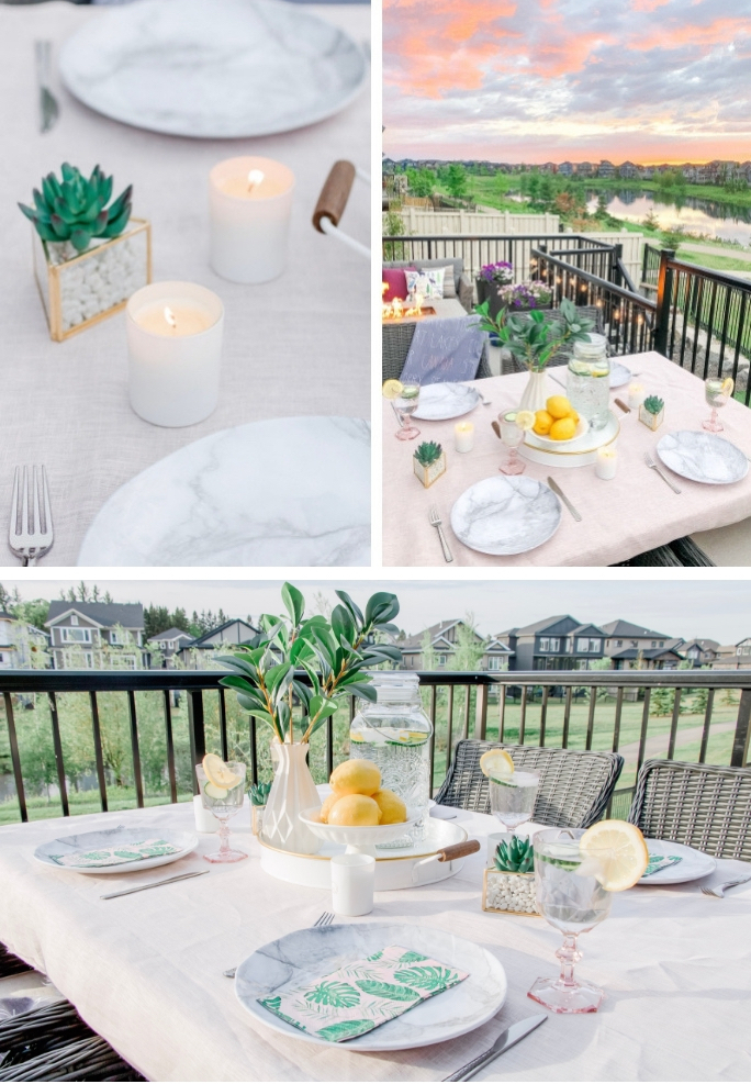 Collage image of a dreamy twilight outdoor tablescape with the sun setting