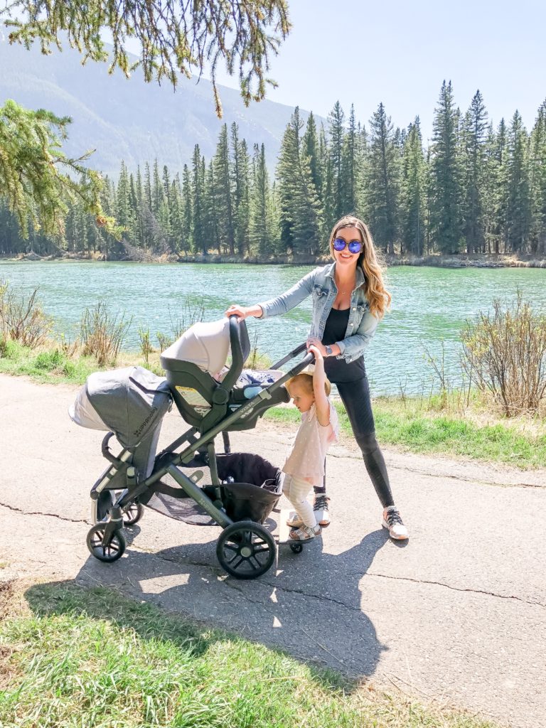 UPPAbaby VISTA stroller as a double with the piggy back ride along board in Banff
