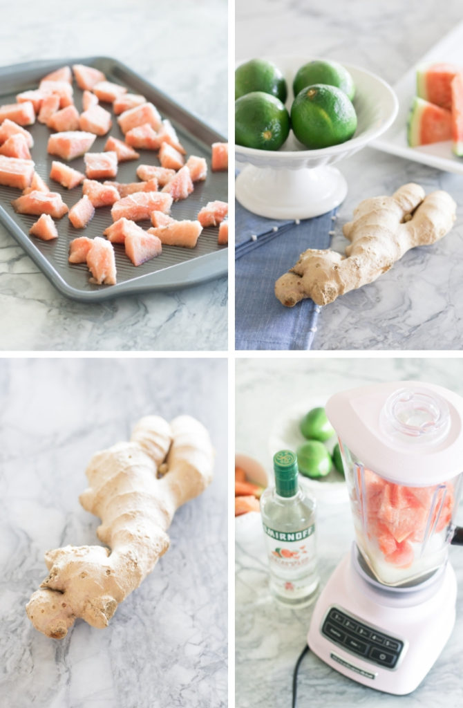 Collage of Frozen Water-Yellin’ Watermelon Tiki Drink: frozen watermelon on tray; fresh ginger; ingredients in a blender