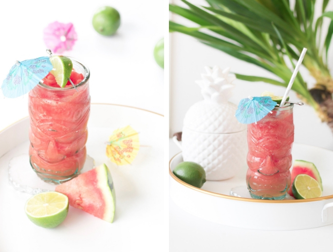 Two closeup shots of the pink-tone Frozen Water-Yellin’ Watermelon Tiki Drink