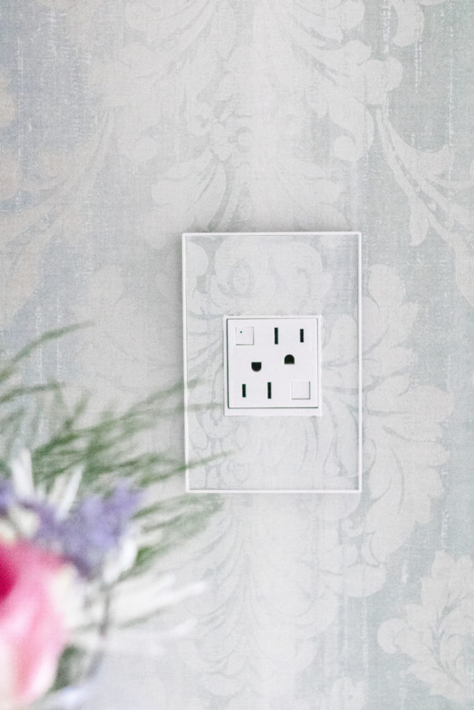 Custom wall plate that blends in seamlessly to wall with patterned wallpaper