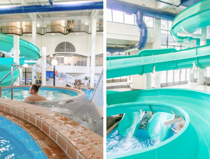 Two tier hot tubs and waterslide in Oasis Waterpark at Sheraton Cavalier Calgary Hotel