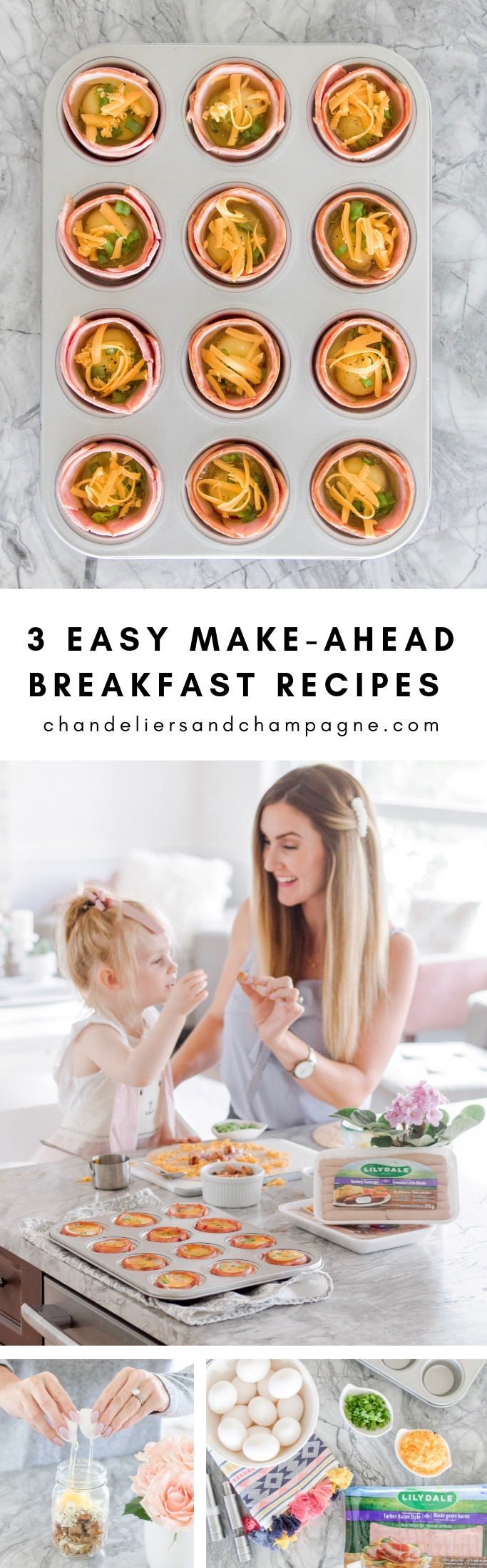 3 Easy Make-Ahead Breakfast Recipes: Turkey Bacon-Wrapped Egg Cups, Breakfast Quesadillas with Sausage, and Make-Ahead Breakfast Scrambles.