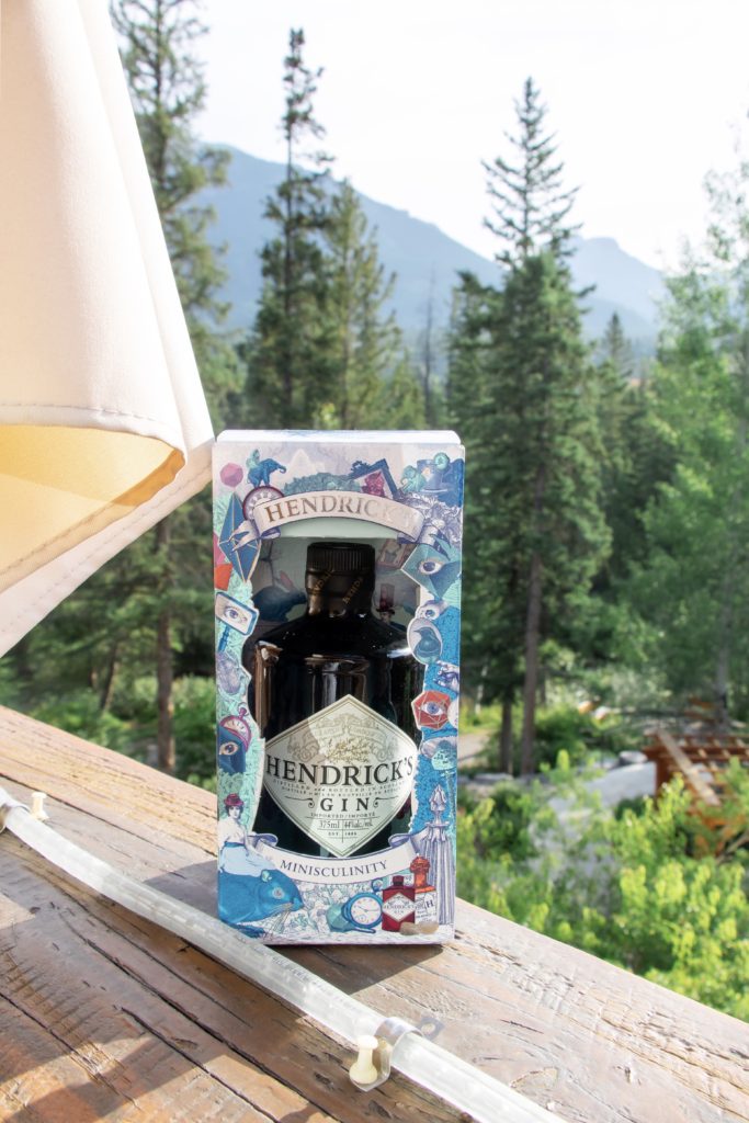 Closeup of Hendrick's Gin in cute packaging in mountains