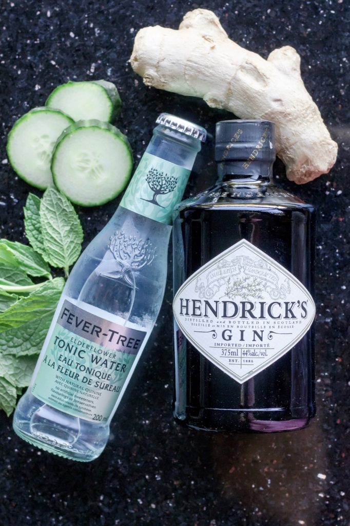 Closeup of Hendrick's Gin and Fever-Tree Elderflower Tonic Water